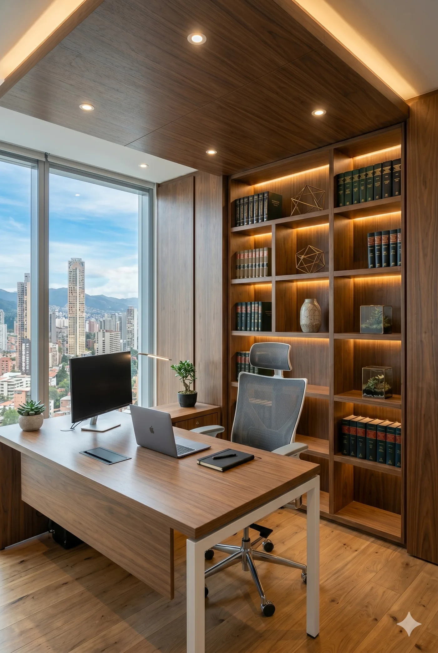 Oficina jurídica contemporánea con biblioteca y vista urbana
